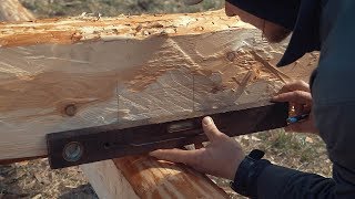 How To Build A Log Cabin  Simple Straight Lap Notch From Hewn Logs [upl. by Gniw289]