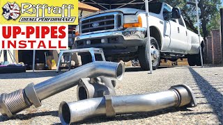 2001 F350 73  RiffRaff UpPipes Install  Stock up pipes leaking and falling apart JUNK SP [upl. by Evvie]