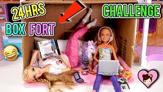 Barbie Doll 24 HOUR Overnight Challenge in Cardboard Box Fort [upl. by Ayekam879]